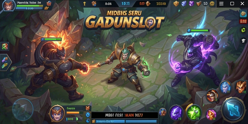 Screenshot utama GADUNSLOT menampilkan aksi gameplay MOBA yang seru.