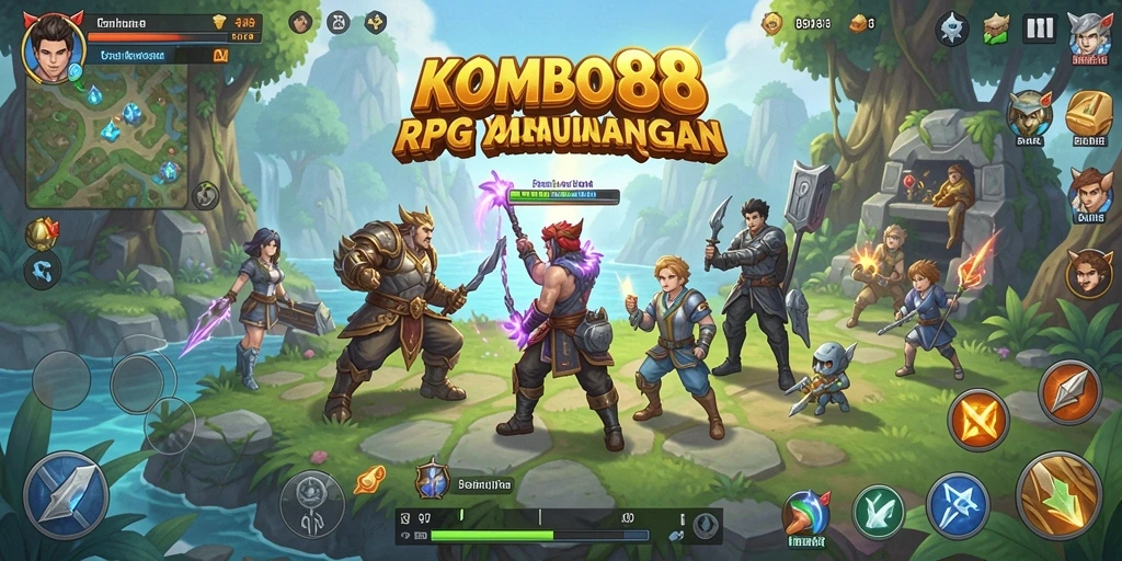 Tampilan gameplay <strong>KOMBO88</strong> yang menampilkan pertempuran epik dan eksplorasi dunia.