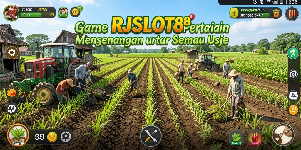Tampilan permainan RJSLOT88 yang menampilkan ladang dan aktivitas pertanian.